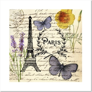Shabby chic botanical butterfly french provincial scripts paris eiffel tower Posters and Art